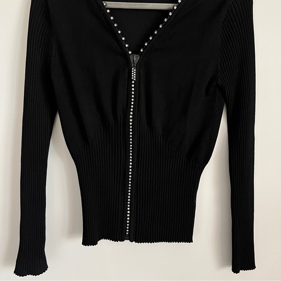 Bellini Y2K Black Ribbed Zip Front Cardigan Sweater Rhinestone Trim Size M - Picture 3 of 8